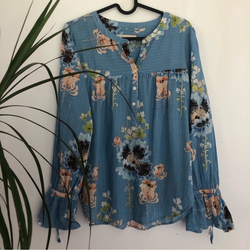 LOFT Women’s Blue Floral Cotton Blend Long Fluted Sleeve Blouse  Size S